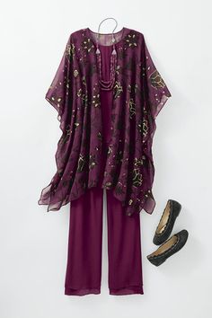 Rich mulled-wine hues with a delicate touch, in a lightweight topper with a shadowed floral print. | Women's Midnight Muse Topper - Frosted Thyme/Ivory Coldwater Creek Outfits, Bold Botanicals, Mother Of The Bride Suits, Infinity Scarf Pattern, Mulled Wine, Love Clothing, Style Mistakes, Long Sleeve Maxi Dress, Evening Wear