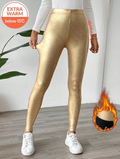 High-Waisted Fashion Gold Coated Leggings For Women Gold Casual   Knitted Fabric Plain Regular Medium Stretch  Women Clothing, size features are:Bust: ,Length: ,Sleeve Length: Cheap Stretch Leggings For Clubwear, Cheap Stretch Legwear For Party, Tan Liquid Leggings, Shiney Leggings, Coated Leggings, Gold Leggings, Thick Tights, Windproof Jacket, Warm Leggings