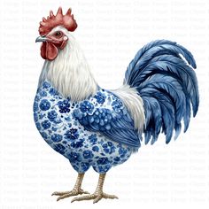 a blue and white rooster painted with flowers