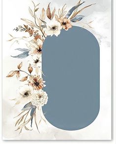 an oval frame with flowers and leaves painted on the front in shades of blue, beige and white