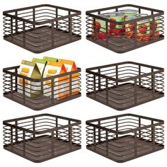 four black baskets filled with food on top of each other