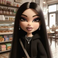 an animated doll with long black hair holding a knife in front of a bakery filled with donuts