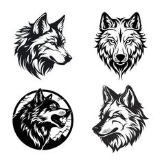 four wolf heads in black and white