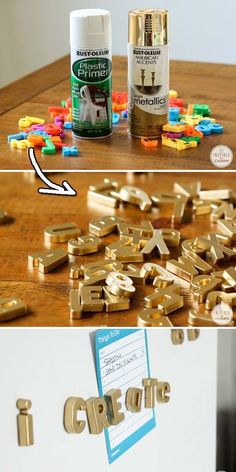 some gold and white items on top of a wooden table with the caption'13 cover your refrigerator with these classic painted magnetic letters