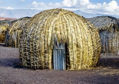 straw huts are lined up in the desert