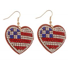 These "America the Beautiful" rhinestone-studded puffy USA flag heart statement earrings will most certainly catch the attention of others! Sport your love of country with these stunning earrings covered with "bling". Very lightweight! Go USA!Colors: Red, white blue, goldtone hook Materials: Zinc Based Alloy, felt backing, rhinestonesSize: 1.75" drop *Lead & Nickel Safe *Actual color may appear differently on various computer/phone screens **See our informational page on 'How to Care for Your Fa Go Usa, Patriotic Jewelry, America The Beautiful, Usa Jewelry, Flag Pins, Blue Accessories, Heart Drop Earrings, Blue Jewelry, Rhinestone Studs