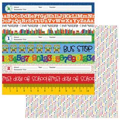 two school bus themed paper sheets with numbers and letters on each side, one has a ruler