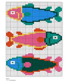 cross stitch pattern with three different colored fish on the same color as they appear in this image