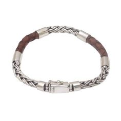 Men's Sterling Silver and Leather Bracelet from Bali - One Strength in Brown | NOVICA Sterling Silver Mens, Sterling Silver Bracelet, Sterling Silver Bracelets, Leather Men, Leather Bracelet, Bali, Silver Bracelet, Premium Quality, Bracelet