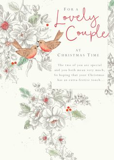 a christmas card with two birds on it and holly wreaths around the edges, which reads for lovely couple at christmas time