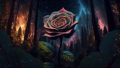 a painting of a rose in the middle of a forest with stars and trees around it