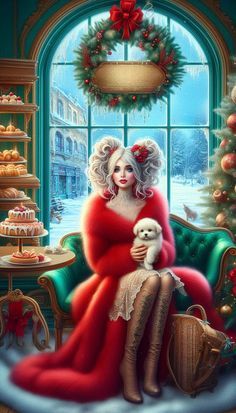 a painting of a woman sitting on a couch holding a dog in front of a christmas tree