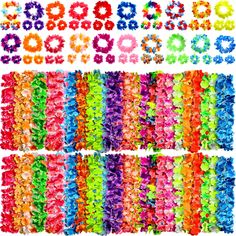 a large assortment of colorful hawaiian hula garlands and letters on a white background