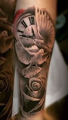 an arm with a clock and roses on it