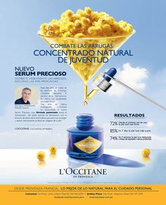 El suero Preciosa de Siempreviva brinda firmeza suavidad y reduce las lineas de expresion. L'Occitane - Revista J #Serum #Juventud #Piel #Cuidados #serum #immortelle #siempreviva Martini Glass, Window Display, Martini, Serum, Tableware, Glass, Beauty