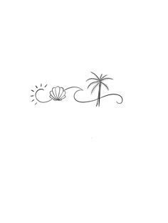 a black and white drawing of a palm tree with a shell on it's side