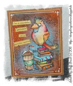 a card with a bird sitting on top of books