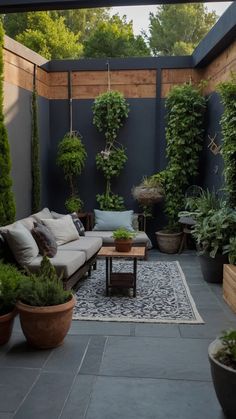 an outdoor living area with couches and potted plants