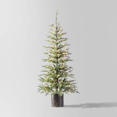 a small white christmas tree in a black pot with lights on the top and bottom