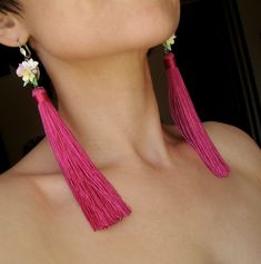 Extra long floral tassels earrings with sculpted clay flowers. Shiny pink tassels add playful movement to these trendy drop earrings topped with sculpted flowers. These extra long statement tassel earrings have been so popular! Unique bright and extremely attractive earrings! For fun walks with friends, parties, dancing ... they will give you a good mood and many compliments! Flowers and leaves made of polymer clay ''Fimo professional''. The flowers of polymer clay are waterproof. And they are g Summer Dangle Jewelry With Latkans, Spring Beach Jewelry With Tassels, Summer Gift Tassel Earrings, Spring Handmade Flower Dangle Jewelry, Bohemian Dangle Tassel Earrings For Spring, Spring Bohemian Tassel Earrings, Spring Tassel Drop Earrings, Summer Tassel Drop Earrings As A Gift, Summer Tassel Drop Earrings For Gift