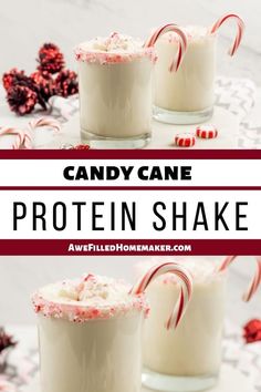 two glasses filled with candy cane protein shake