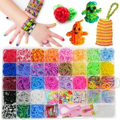 colorful bracelets and accessories are displayed on a white surface with hands in the background