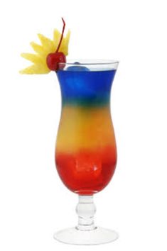 a colorful drink in a glass with a cherry on the top and a pineapple sticking out of it