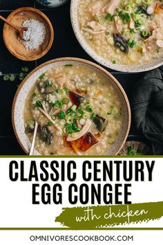 two bowls filled with chicken and rice soup