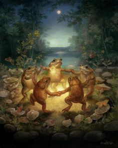 three frogs are dancing in front of a pond at night with the moon behind them