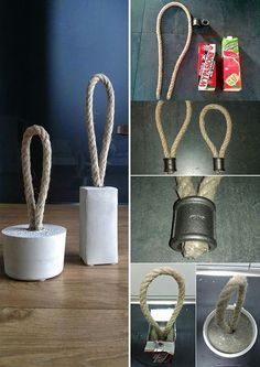 four different pictures with rope wrapped around the top and bottom of each one, along with several other items