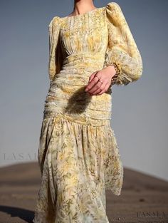 Lasaky - Womens High-Waisted Long Chiffon Maxi Dress with Long Sleeves and Flared Hemline Fishtail Midi Dress, Maxi Dress With Long Sleeves, Chiffon Long Dress, Floral Print Dress Summer, Floral Chiffon Maxi Dress, Basic Skirt, Fishtail Dress, Floral Print Midi Dress, Dress With Long Sleeves