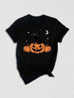 Get ready for spooky season with our vintage Halloween T-shirt!  This black cat design is perfect for those who love the fall season and all things creepy.  Whether you're heading out for trick or treating or just embracing the pumpkin-filled atmosphere, our Halloween cat shirt is a must-have addition to your wardrobe.  Made from high-quality materials, this shirt is both comfortable and durable for all-day wear. The dark black fabric sets the perfect Halloween mood, and the vibrant orange pumpk Short Sleeve T-shirt With Cat Print For Halloween, Spooky Black T-shirt For Fall, Spooky Black T-shirt With Cat Print, Spooky Cat Print Crew Neck T-shirt, Black Horror Shirt For Halloween, Halloween Black T-shirt With Cat Design, Black Halloween T-shirt With Cat Design, Spooky Black Shirt With Graphic Print, Black Spooky Shirt With Graphic Print