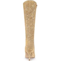 The whole sparkle boots create the perfect fit on the knee. They are styled with a sleek pointy toe, a stiletto heel, and a side zip. Pair these glittery heels with skirts or jeans for a chic night-out look to make you a queen at a party. It is great for going out. Elegant Knee-high Boots For Party Season, Glamorous Gold Heeled Boots For Evening, Elegant Gold Heeled Boots For Party, Elegant Heeled Boots For Party Season, Elegant Sparkling Fitted Boots, Formal Fitted Glitter Boots, Glamorous Knee-high Boots With Round Toe For Night Out, Glamorous Knee-high Winter Heels, Winter Party Knee-high Boots With Pointed Toe