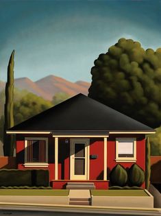 a painting of a red house with trees and mountains in the backgrouds