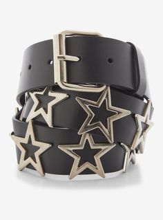 Crank up the volume on your outfit with this black  faux leather belt! Featuring edgy  silver-tone cutout star designs throughout. An essential for every rock star!Man-made materialsImported Rave Accessories Men, Cool Belts Fashion, Spiky Belt, Rock Star Clothes, Lauren Sanderson, Star Belt, Punk Belt