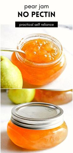 there is an apple and pear jam in a jar with the words, no pectin practical self reliance