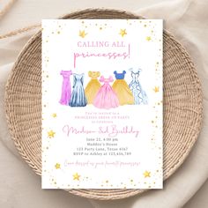 a card with three princess dresses on it and the words calling all princesses written in gold