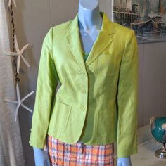 Talbot's Chartreuse Irish Linen Blazer - 4 Awesome New Blazer. I Hope Someone Awesome Buys This, It's Sweet But It Is Slightly Too Big For Me Green Fitted Casual Blazer, Yellow Fitted Blazer With Pockets, Fitted Yellow Blazer With Pockets, Fitted Yellow Outerwear For Summer, Fitted Yellow Summer Outerwear, Fitted Yellow Blazer For Spring, Irish Linen, Linen Blazer, Colored Blazer