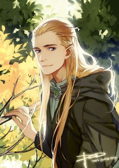 a blonde haired man with long hair standing in front of trees