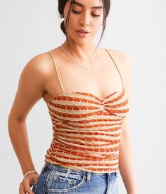 Free People New Love Cami Tank Top - Orange X-Small, Women's Strawberry Textured mesh ruched tank Adjustable straps Bust measures 26 on size small Body length up to 20 on size small. Shell: 100% Polyester. Lining: 95% Polyamide 5% Elastane. Hand wash cold separately. Do not wring or twist. Use only non-chlorine bleach. Lay flat to dry. Low iron if needed. Do not dry clean. Apparel & Accessories > Clothing > Shirts & Tops Summer Mesh Tank Top With Built-in Bra, Summer Mesh Camisole With Built-in Bra, Mesh Camisole Tops For Summer, Summer Mesh Top With Built-in Bra, Fitted Flirty Tank Top With Straps, Spring Mesh Fitted Tank Top, Fitted Mesh Camisole Top For Spring, Fitted Mesh Camisole For Summer, Fitted Ruched Tank Top With Tank Straps