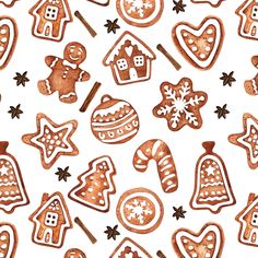 gingerbreads and christmas cookies are arranged on a white background with snowflakes