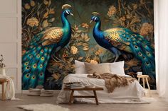 two peacocks standing next to each other in front of a wallpapered bedroom