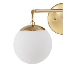 a wall light with a white ball on the side and a gold metal arm, against a white background