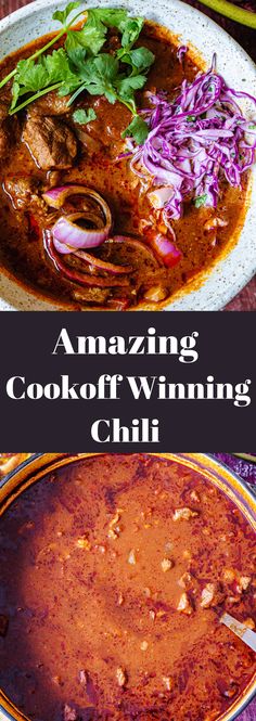 an image of a bowl of chili with the words amazing cook off winning chili