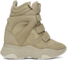 High-top suede sneakers in beige. · Perforated detailing at toe · Velcro straps at vamp · Logo flag at padded tongue · Quilted padded collar · Cutout at sides · Logo embossed at heel · Grained pigskin lining · Concealed wedge heel · Treaded platform rubber sole · Platform: H2 · Heel: H2 Supplier color: Beige Wedge High Tops, Isabel Marant Shoes, Suede Trainers, Pig Skin, Suede Sneakers, Velcro Straps, Wedge Sneaker, Sock Shoes, Luxury Streetwear