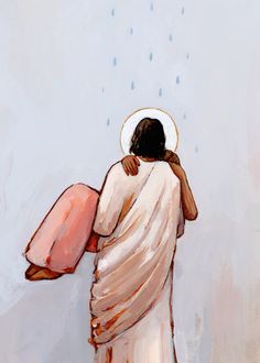 a painting of a woman with her back to the camera, holding an umbrella over her head