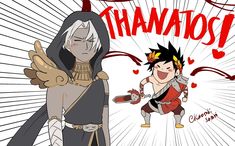 an image of two cartoon characters with the words thanatos in red and white