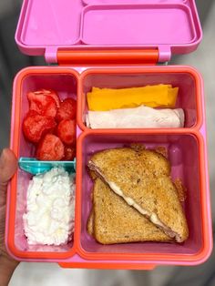 a person holding a pink lunch box filled with fruit and sandwich slices on top of rice