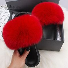 Fuzzy Slides Fashion Real Raccoon Fur Slides Slippers Summer Flip Flop | AileenEcho.com Red Slides, Plus Size Summer Fashion, Lemonade Braids, Casual Beach Sandals, Indoor Slides, Body Lingerie, Fur Sandals, Red And White Roses, Slides Slippers