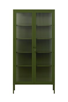 a green bookcase with glass doors on the front and bottom shelves, against a white background